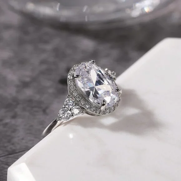 ▶Beautiful Noble Oval Pure CZ Macro Pave Silver Wedding Luxury Rings, K936